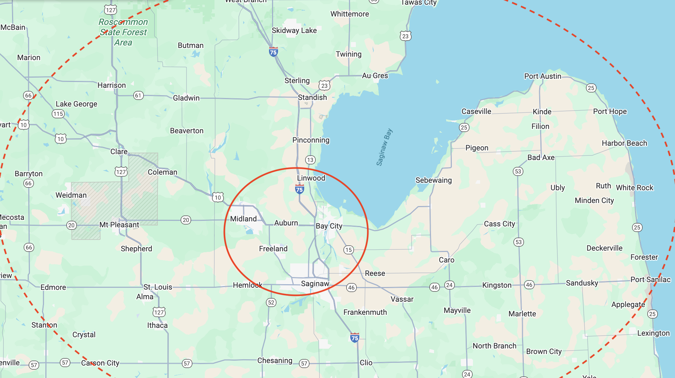 Great Lakes Bay Area. KDM Steps Service Area 50 mile radius from Bay City Michigan